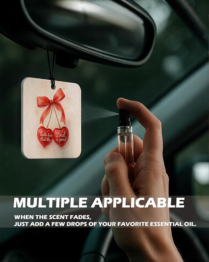Red Coquette Bow Cherry Christian Square Citrus Car Air Freshener 4 Pcs, Preppy Religious Hanging Air Freshener for Cars Bath