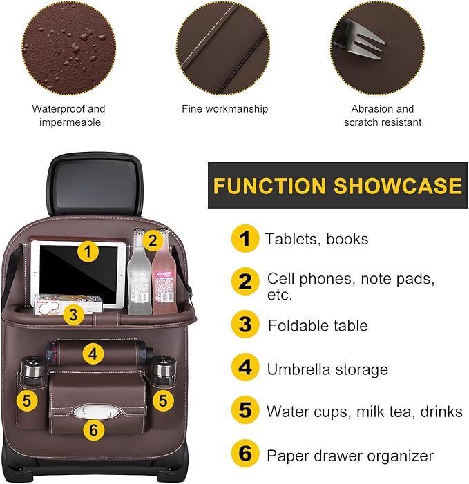 2 PCS Car Seat Back Pocket, Waterproof Leather Auto Back seat Organizer for Kids, Upgraded Car Organizer with Tablet Holder Pockets, Universal Interior Car Accessories (Coffee)