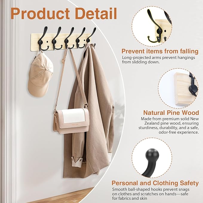 Wooden Coat Rack Wall Mount Heavy Duty, 2 Pack Coat Hanger Wall Mount with 5 Triple Hooks for Clothes, Jacket, Hat, Keys, Spa