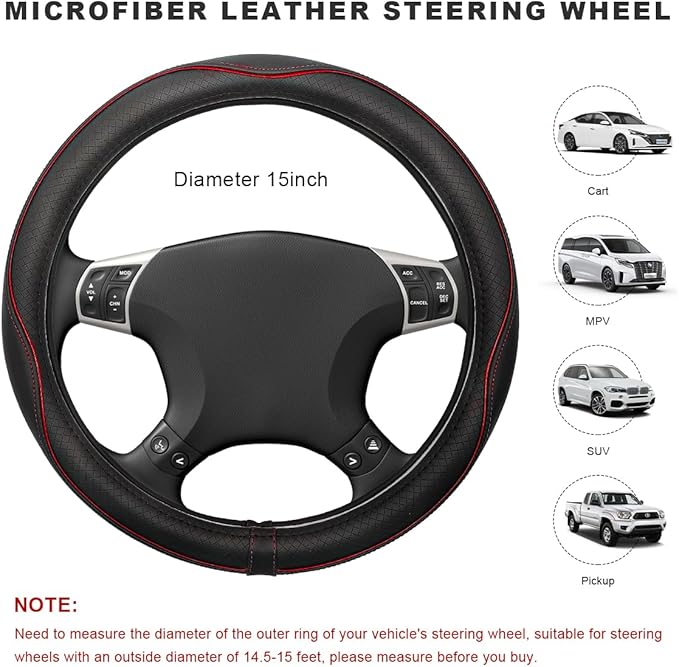 Car Steering Wheel Cover, 15 Inch Anti-Slip Breathable Leather Auto Steering Wheel Protector, Full Surround Soft Steering Whe
