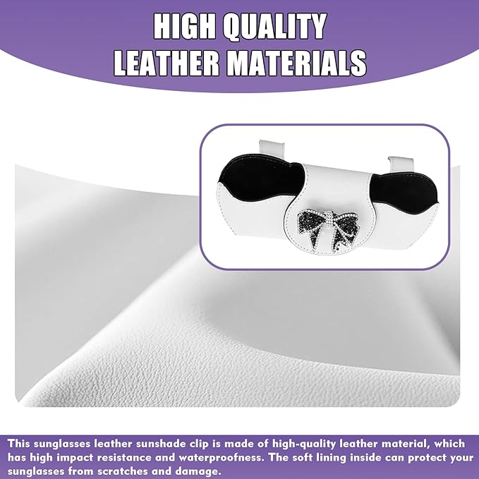 Bling Car Sunglass Holder, Rhinestone Bow Visor Storage Case for Sunglass Receipt Ornament, Soft Lining Anti-scratch Holder Clip, Interior Organizer Accessory for Cars (White)