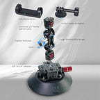 CNC Machined 6in Suction Cup Camera Mount with Ball Head Magic Arm, 1/4" ARRI Holes, Quick Release Car Mount with Phone Holder & Action Camera Adapter Compatible with DJI OSMO Pocket 3 Insta360 iPhon