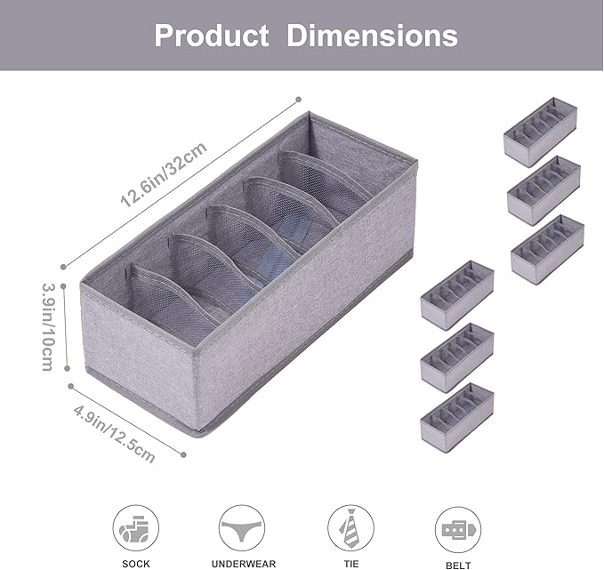 Qozary 6 Pack Sock Underwear Drawer Organizer Dividers, Collapsible Cabinet Closet Storage Boxes for Clothes, Socks, Lingerie