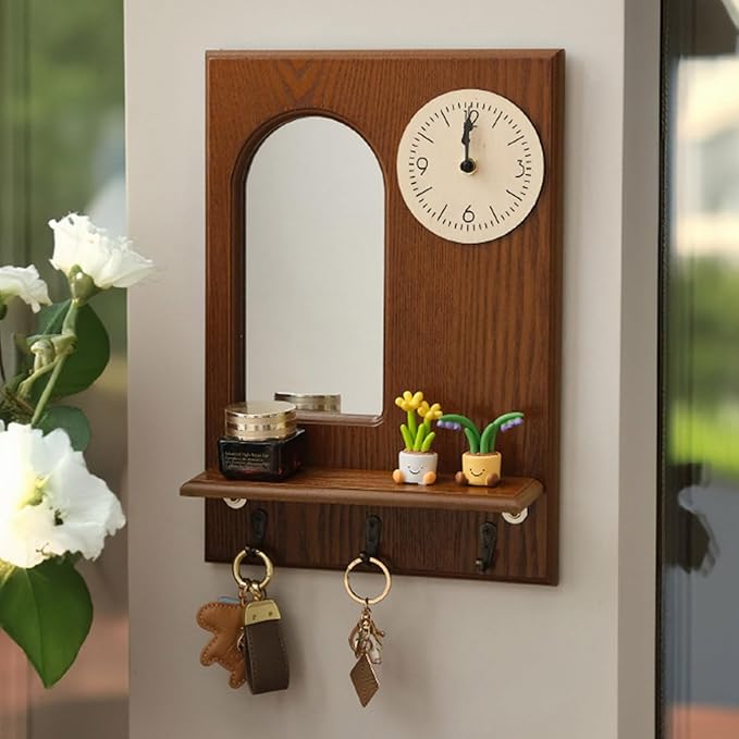 Vintage Wooden Wall Mirror with Clock & Key Holder Wall Mount - Space-Saving Hooks Design for Bedroom Entryway Decor