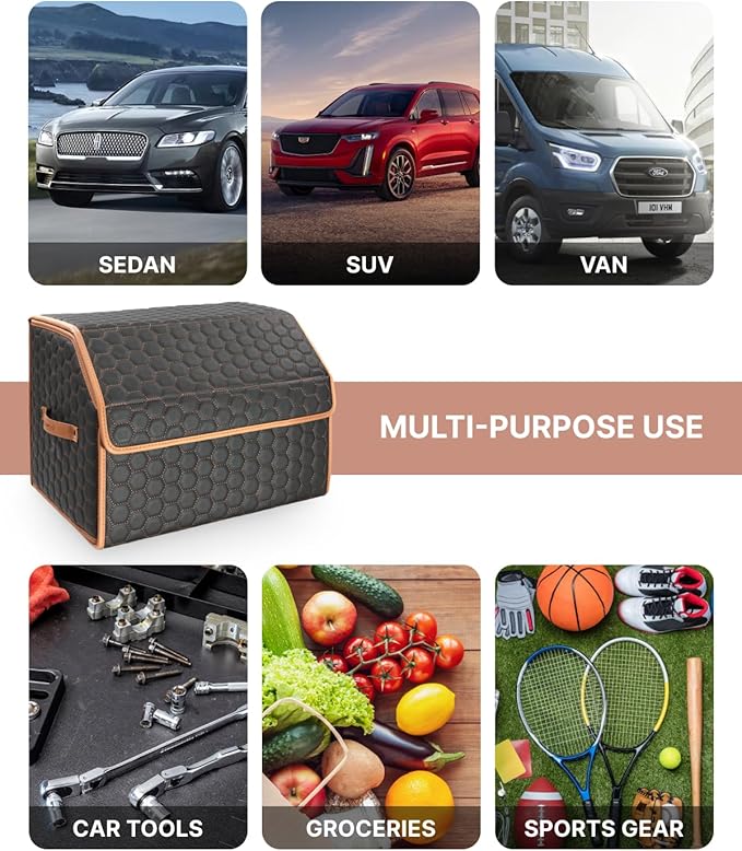Owleys Sedan Trunk Organizer 17.7" Storage Tote For Groceries, Tools & Travel Gear - Foldable Eco-Leather Car Crate With