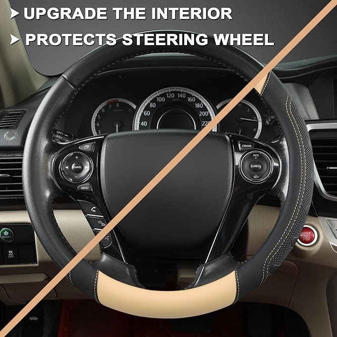 GIANT PANDA Microfiber Leather Steering Wheel Cover for Honda Accord,Civic,CR-V,HR-V,Pilot(Black+Beige-Standard Size)