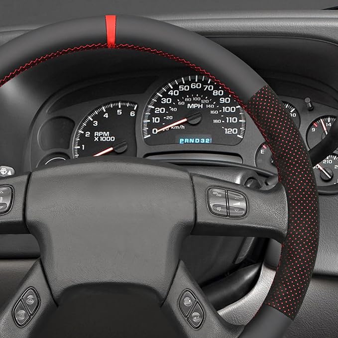 MEWANT Hand Stitched Steering Wheel Cover for Chevy Silverado 1500 2003-2006 Mesh Athsuede Real Leather Steering Wrap