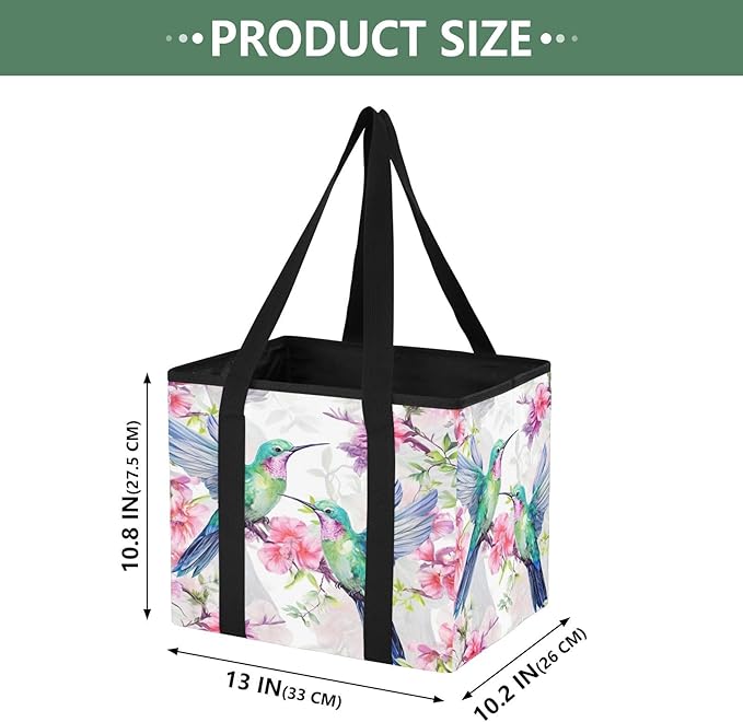 Hummingbirds Reusable Grocery Bags Large Shopping Tote Bag with Reinforced Bottom Board, Water Resistant Foldable Storage Bag