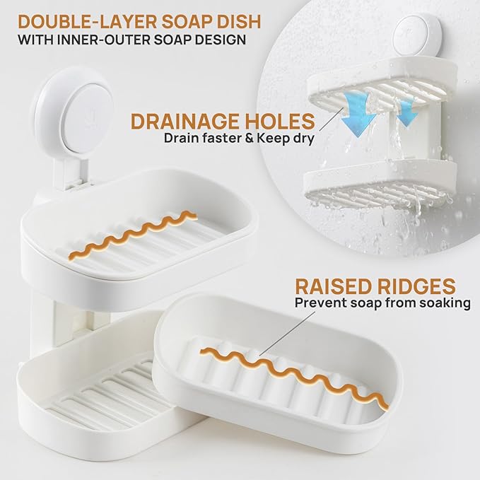 LEVERLOC Soap Dish Holder for Shower, Double Layer Suction Cup Wall Mounte Self Draining Removable Waterproof Strong Suction 