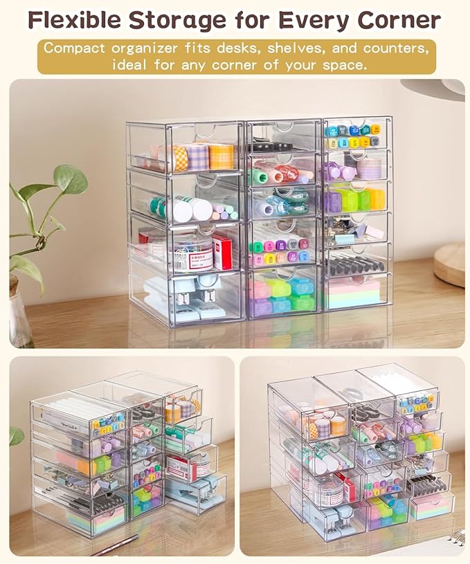 VZKAH Clear Acrylic Organizer with Drawers | 15-Drawer Desktop Unit | Makeup & Desk Organization and Storage Box for Office, 