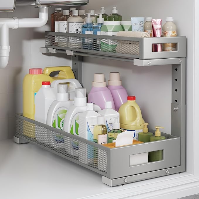 1 Pack 19IN Depth Under Sink Storage Organizer, Large 2-Tier Elegant Mesh Pull Out Shelf for Kitchen and Bathroom Cabinet Org