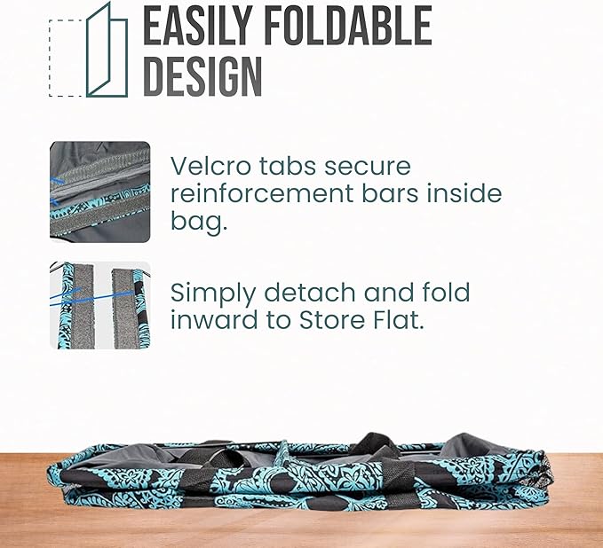 Extra Large Utility Tote Bag - Oversized Collapsible Reusable Wire Frame Rectangular Canvas Basket With Two Exterior Pockets For Beach, Pool, Laundry, Car Trunk, Storage - Paisley Blue