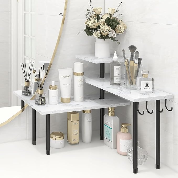 Homode Bathroom Counter Corner Shelf, 3 Tier Kitchen Countertop Organizer for Over The Sink, Make Up, Dresser Table, White Ma