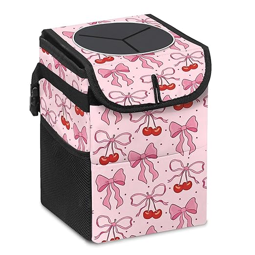 Pink Bow Car Trash Can with Lid Collapsible Reusable Waterproof Car Garage Bag,Automotive Garbage Can,Car Accessories Interior Car Organizer