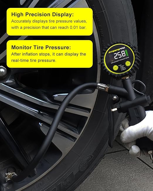 Atsafepro Digital Tire Pressure Gauge with Inflator, 0-200 PSI, 2.5" Screen, ±1% High Accuracy, Auto Shut-Off, Rubber Hose & 1/4" NPT Quick Connect Plug & Locking Air Chuck for Cars, Motors, Bikes
