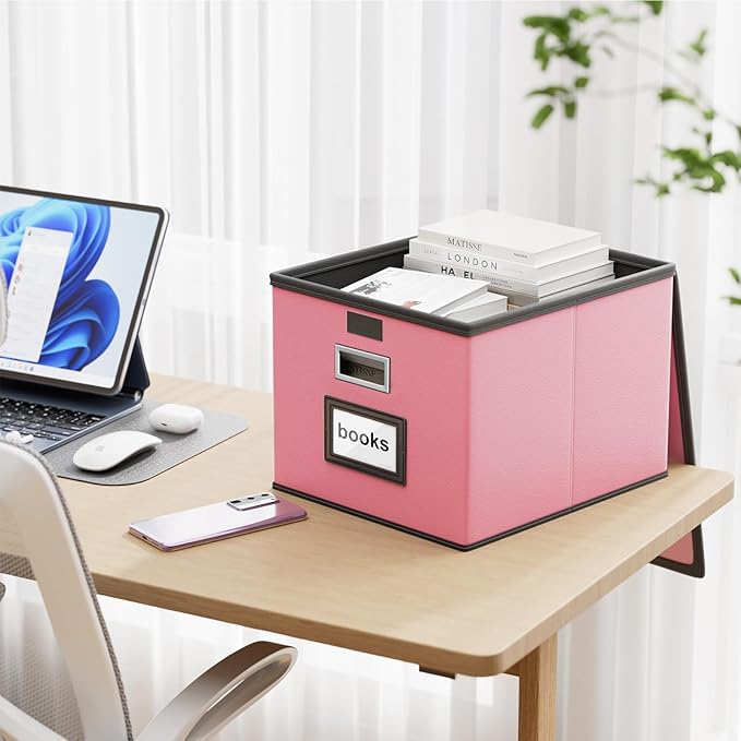 Huolewa File Organizer Box with Lid, Collapsible Leather File Folder Organizer for Office Document Storage, Filing Box with P