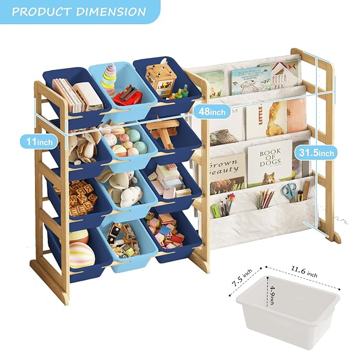 EXPERLAM Toy Storage Organizer with Bookshelf - 12 Storage Bins 4-Tier Multipurpose Shelf to Organize Toys and Books for Kids