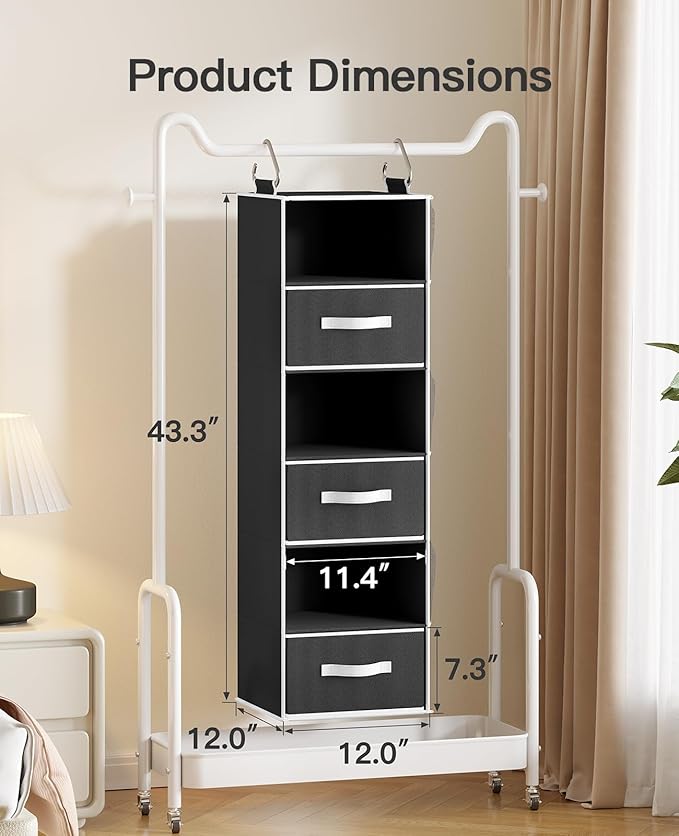 Pipishell Hanging Closet Organizer 6-Shelf, Hanging Shelves for Closet with 3 Removable Drawers & Side Pockets for Bedroom, G