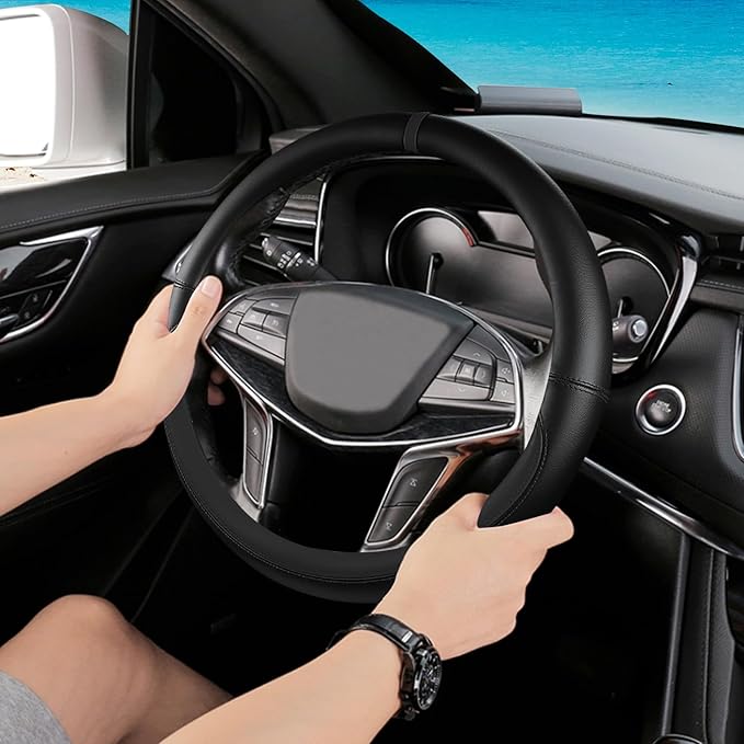 All Black Car Steering Wheel Cover, Nappa Leather, Bottom Color Blocking, Universal 14.5-15 Inch Leather Anti-Slip Breathable