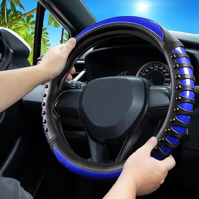 Car Leather Steering Wheel Cover - Carbon Fibre Material, Universal 14.5-15 Inch Leather Anti-Slip Breathable Auto Steering W