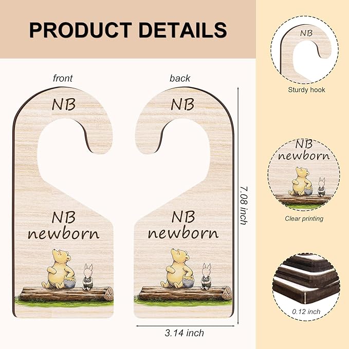 8Pcs Winnie Baby Closet Dividers, Double-Sided Wooden Baby Clothes Organizer for Classic Pooh Wardrobe