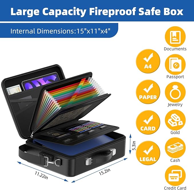 Fireproof Document Box with Lock, Durable Hard Case File Organizer Fire Safe Box, Hard-Shell Design Waterproof Fireproof Safe