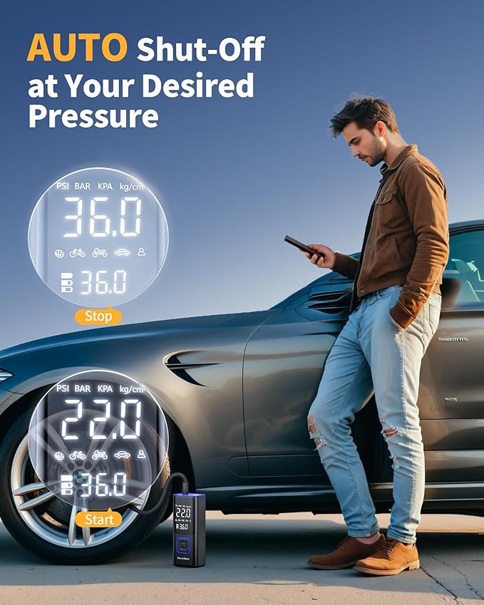 Cordless Tire Inflator 150PSI Portable Air Compressor with Auto Shutoff, Air Pump for Car Tires, Motorcycle, Bike, Balls, Inflatables, LED Light, Blue, Large Capacity