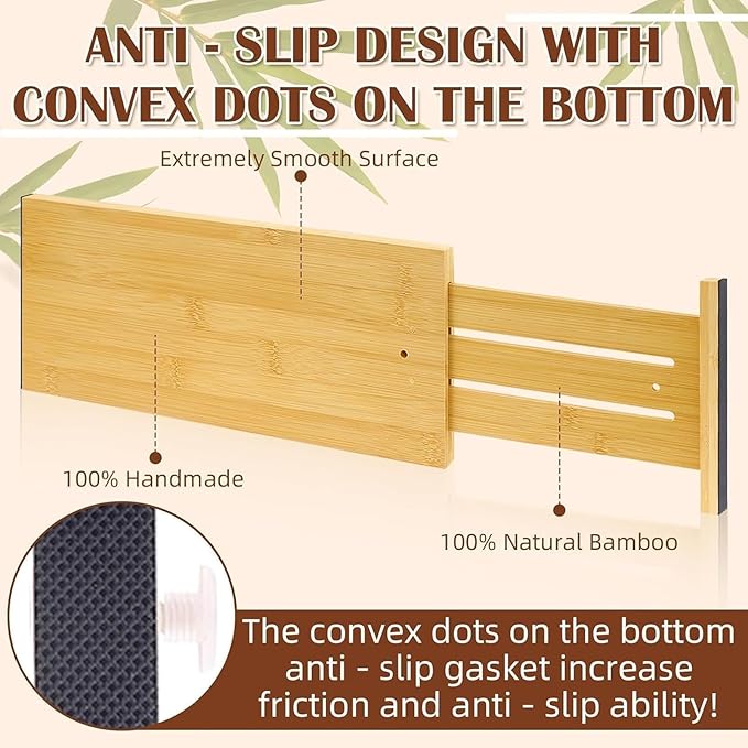 8 Pcs 6'' High Bamboo Drawer Dividers, Non-slip Deep Kitchen Dresser Drawer Organizer with Spring Loaded Adjustable Expandabl