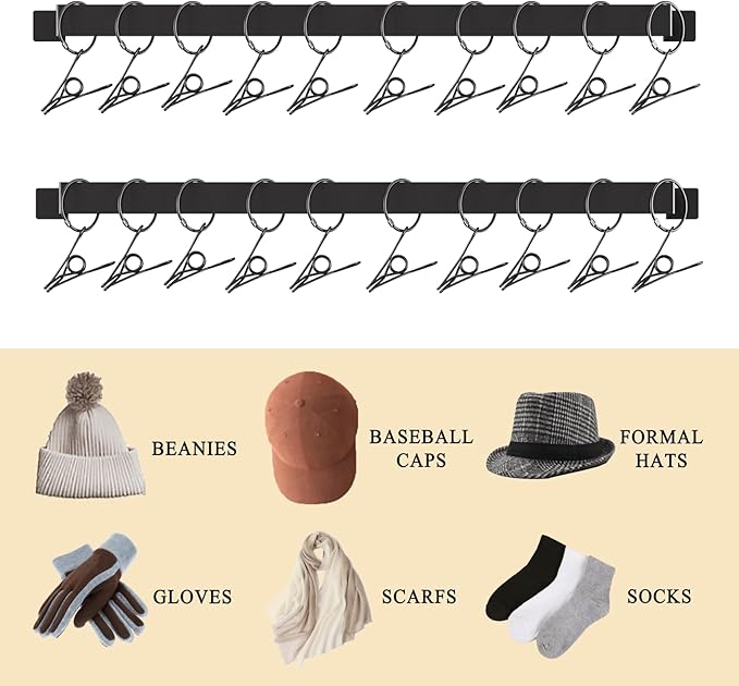 Hat Rack Wall Set of 2, Wall Mounted Hat Hanger Metal with Hooks for Baseball Cap Cowboy Hat, Closet Storage Organizer for Be