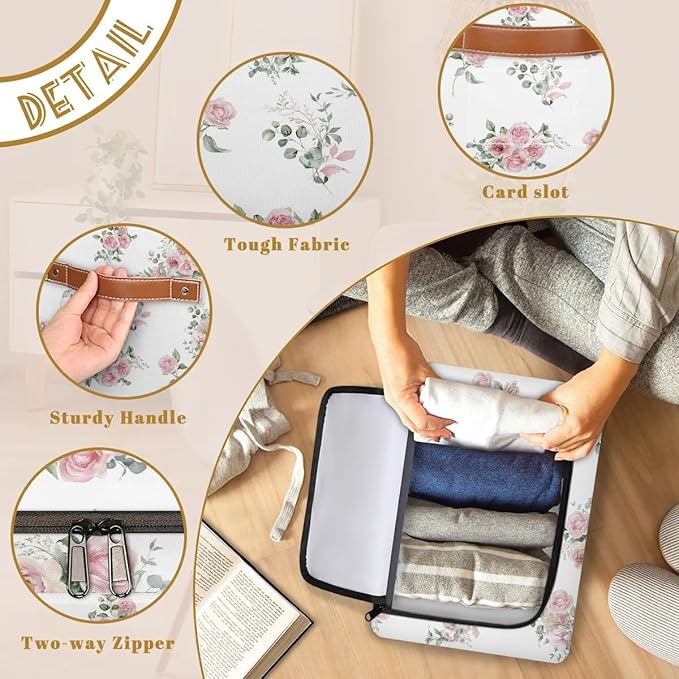Pink Floral Flower Storage Baskets - Home Decorative Bins Collapsible Cubes with Zipper Lid, Rose Box with Handles for Living