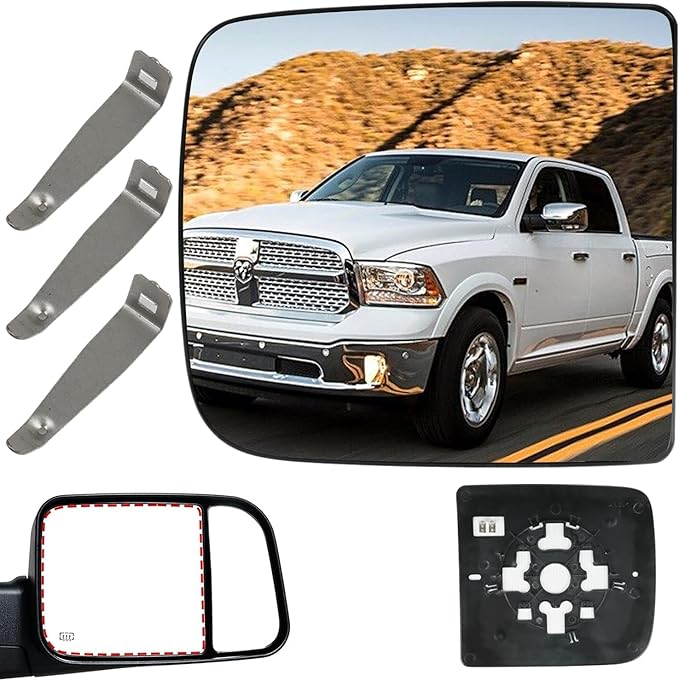 Passenger Right Side Mirror Glass Replacement, 3-Tab Backplate ONLY, Compatible with Dodge/Ram 2010-2020 1500 2500 3500 (Not for 4-Tab), Heated Convex Right Side 68067728AA 68067726AA