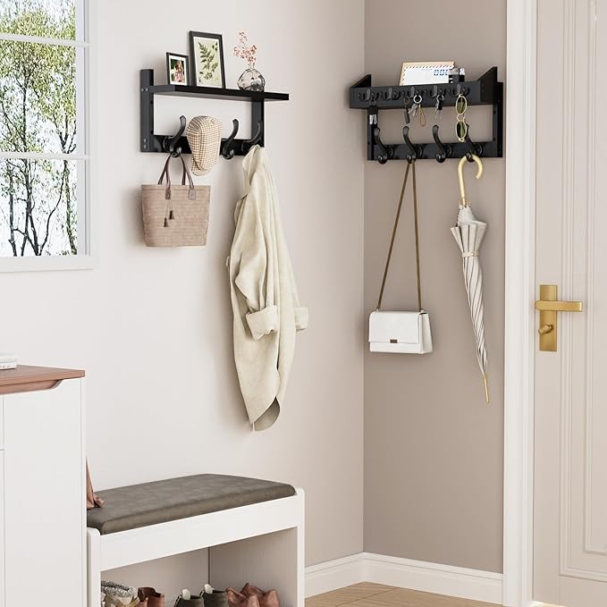 Evermagin 35" Coat Rack Wall Mount with Shelf, 4 in 1 Wall Mounted Coat and Key Hanger with 13 Hooks, Entryway Key Holder wit