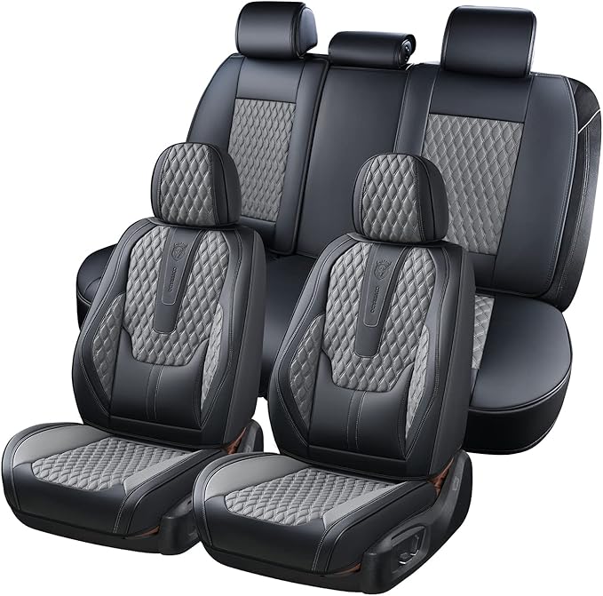 Coverado Car Seat Covers Full Set, Nappa Leather Seat Covers for Car, Waterproof Car Seat Protector with Lumbar Support, Auto