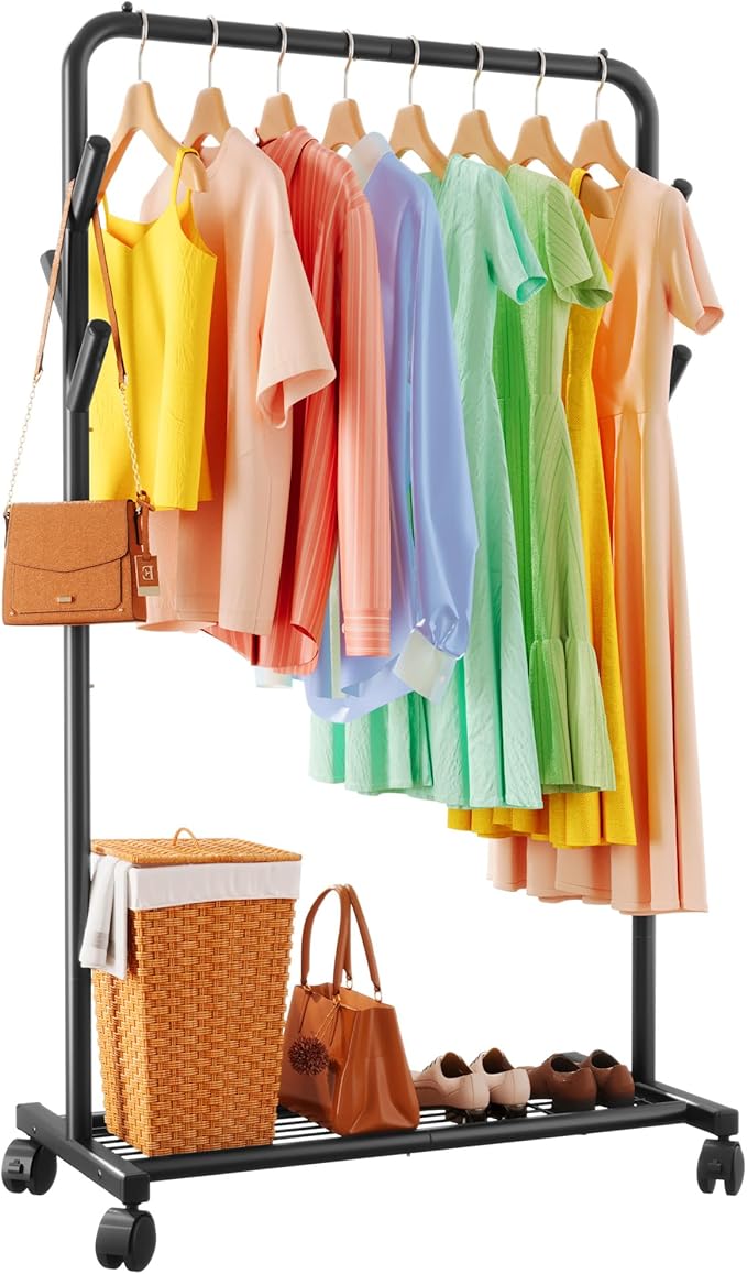 Sakugi Clothes Rack - Metal Coat Rack with Bottom Shelf, Portable Wardrobe Rack with 6 Side Rods, Rolling Clothing Rack for H