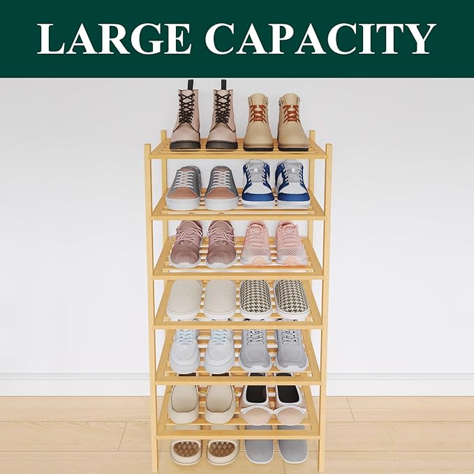 Smiry Small Bamboo Shoe Rack 6-Tier, Stackable Wooden Shoe Organizer for Entryway & Closet, Free Standing Wood Shoe Storage S