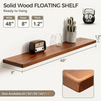 Fun Memories 48 Inch Floating Shelves, Rustic Solid Wood Wall Shelves Set of 1, 8 Inch Deep Floating Shelf for Bathroom, Bedr