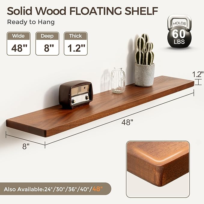 Fun Memories 48 Inch Floating Shelves, Rustic Solid Wood Wall Shelves Set of 1, 8 Inch Deep Floating Shelf for Bathroom, Bedr