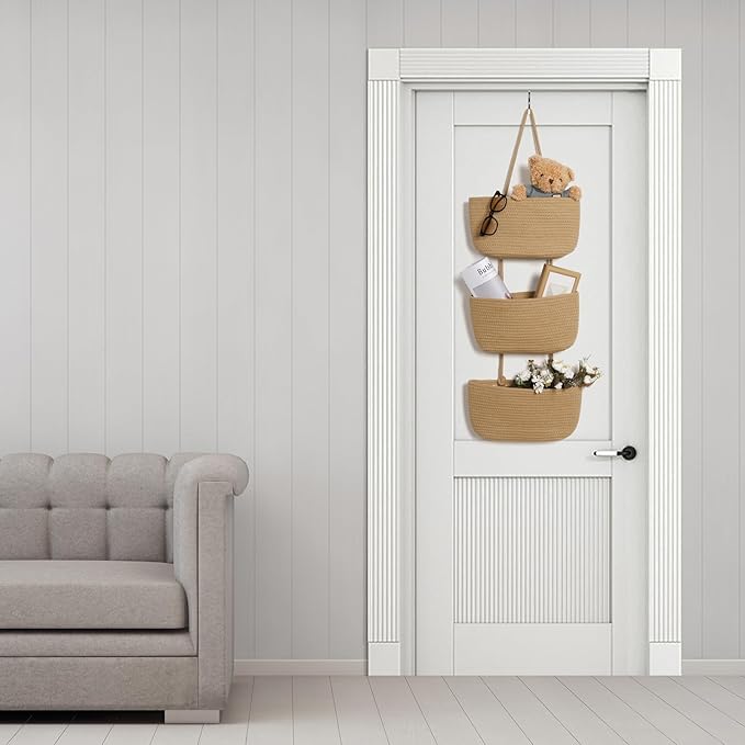 ANTIS'S HOME Over The Door Organizer Hanging Basket, 3-Tier Woven Cotton Wall-Mounted Nursery Storage Organizer Bag Boho Deco