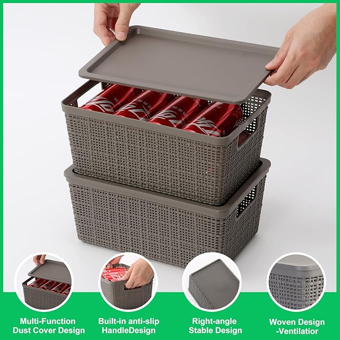6 Pack Plastic Storage Baskets With Lids,Grey Breathable Stackable Storage Bins,Small Storage Containers,for Organizing Stora