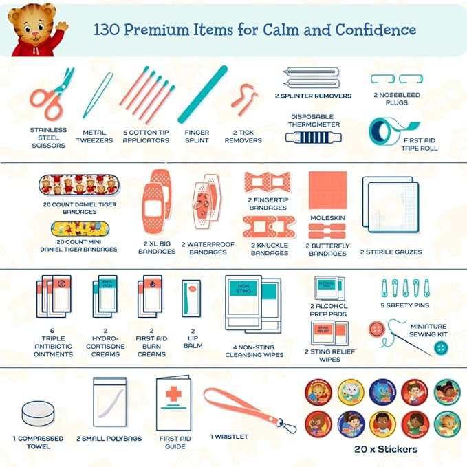 KeepGoing Daniel Tiger’s Travel First Aid Kit for Kids – 130 Pc. for Car, Home, Purse, Diaper Bag & Backpack with Latex-Free 