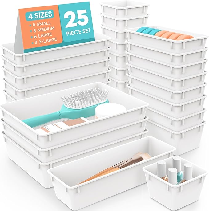 WOWBOX 25 PCS Plastic Drawer Organizer Set, 4 Sizes Desk Drawer Divider Organizers and Storage Bins for Makeup, Jewelry, Gadg