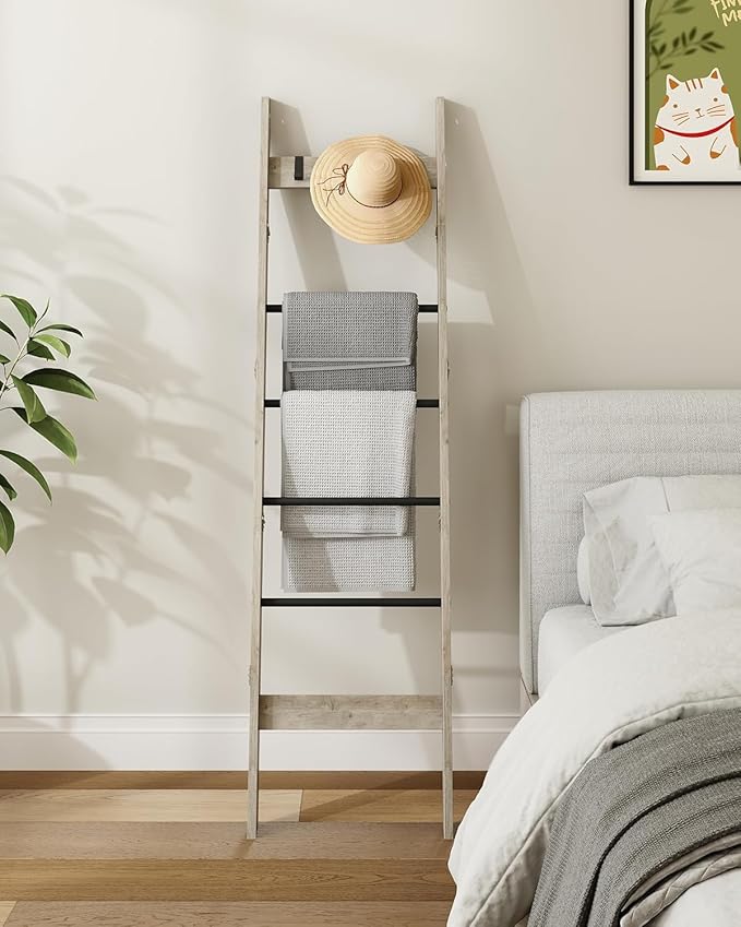 Hzuaneri Blanket Ladder for Living Room, Decorative Quilt Rack with 4 Removable Hooks, 6-Tier Farmhouse Ladder Holder Shelf O