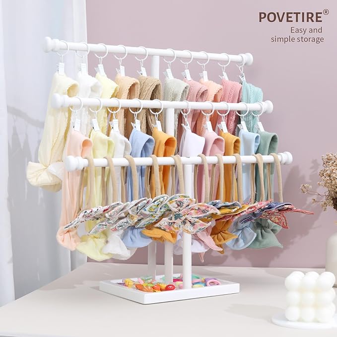 POVETIRE Headband Holder Stand Storage for Baby, 3 Tier Wooden Bow Organizer for Girls Hair Bows, Infant Hair Accessories Rac