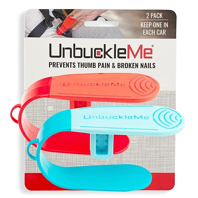UnbuckleMe Car Seat Buckle Release Tool (As Seen on Shark Tank) - Easy Opener Aid for Arthritis, Long Nails, Older Kids - Button Pusher for Infant, Toddler, Convertible Car Seats (2 Pack, Blue & Red)