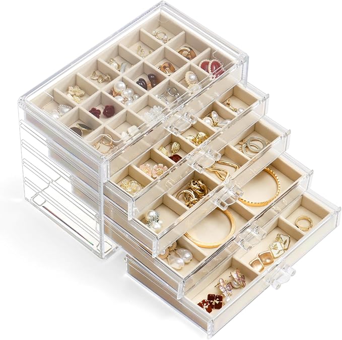 YUFONG Jewelry Organizer with 5 Drawers Clear Acrylic Earring Display Case Velvet Jewelry Storage Box Display Holder for Earr