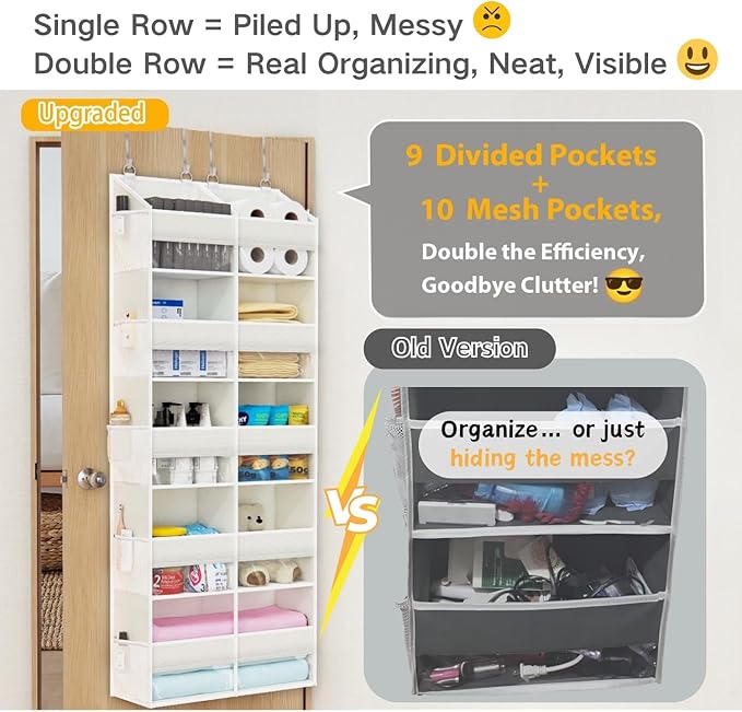 Over The Door Organizer with 5 Shelves, 9 Compartment + 10 Side Pocket, Sturdy Oxford Cloth, Supports 90 lbs, Heavy-Duty Behi