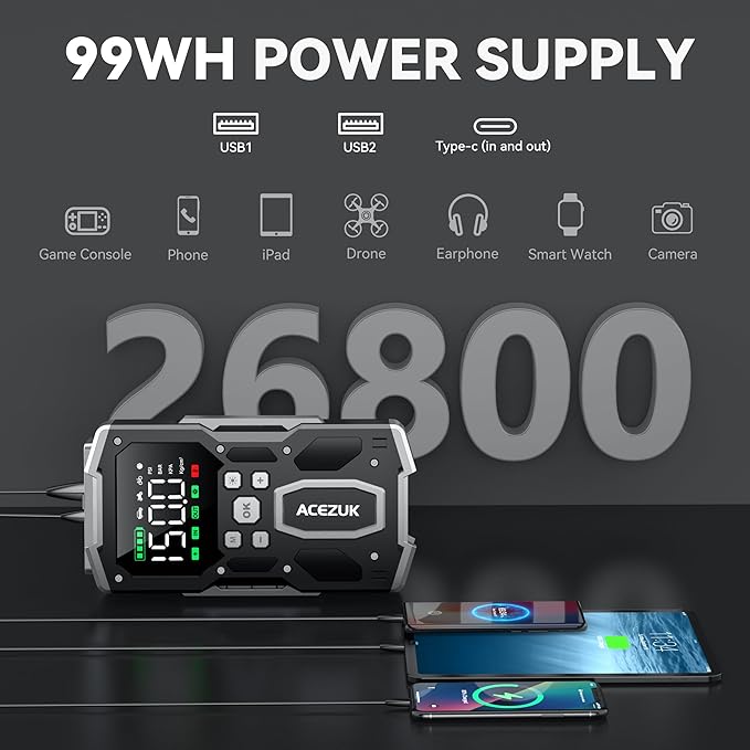 Portable Car Jump Starter with Air Compressor, ACEZUK 150PSI 8000A Jump Starter (All Gas/10.0L Diesel), 12V Battery Jump Box