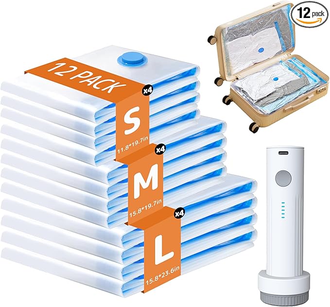 12 Pack Vacuum Bags for Travel with Rechargeable Air Pump, Carry-On Compression Bags for Luggage and Suitcase, Space Saver St