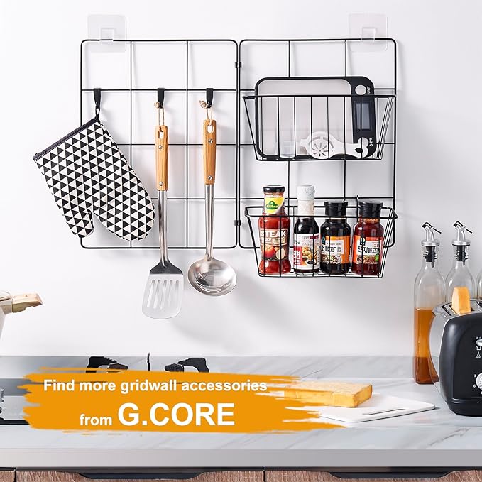 4 Pack Large Grid Wall Baskets with S-Hook - Gridwall Accessories Set Black Metal Hanging Shelf Basket Bins Organizer - Modul