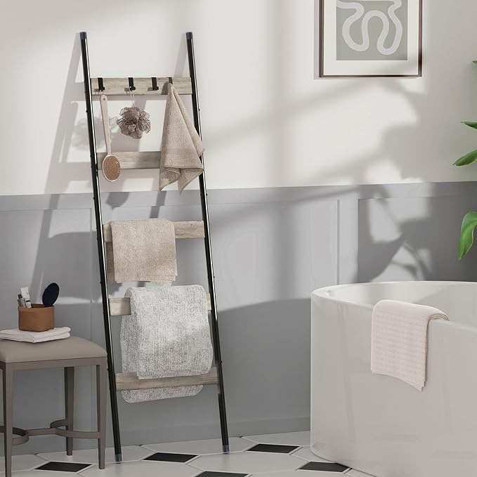 Blanket Ladder, 5-Tier Towel Holder with 4 Removable Hooks, Farmhouse Wall Leaning Decorative Rack Shelf, Wooden Towel Displa